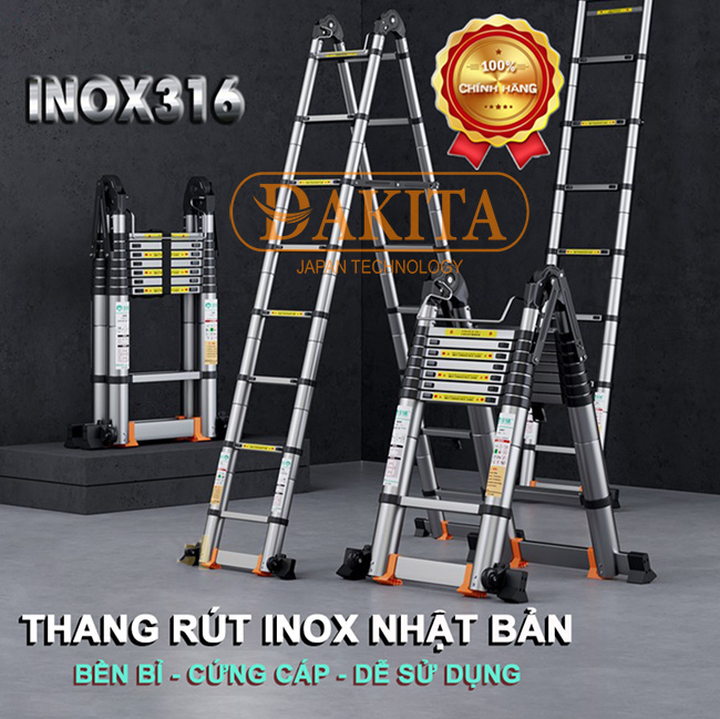 Thang Inox Rút Đôi Có Bánh Xe DAKITA AI-280 [Chữ A : 2.8m Duỗi 5.6m]