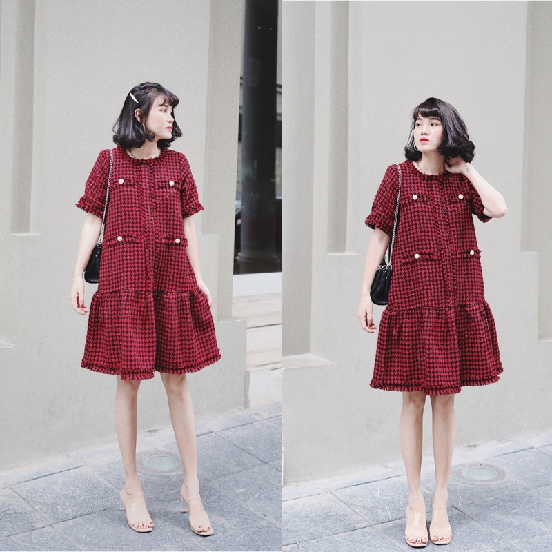 Set Dạ Tweed Kẻ Đỏ Cài Khuy Hàng Loại 1, Set Váy Dạ 2 Dây Mix Áo Khoác Dạ  Kẻ Đỏ Croptop | Shopee Việt Nam